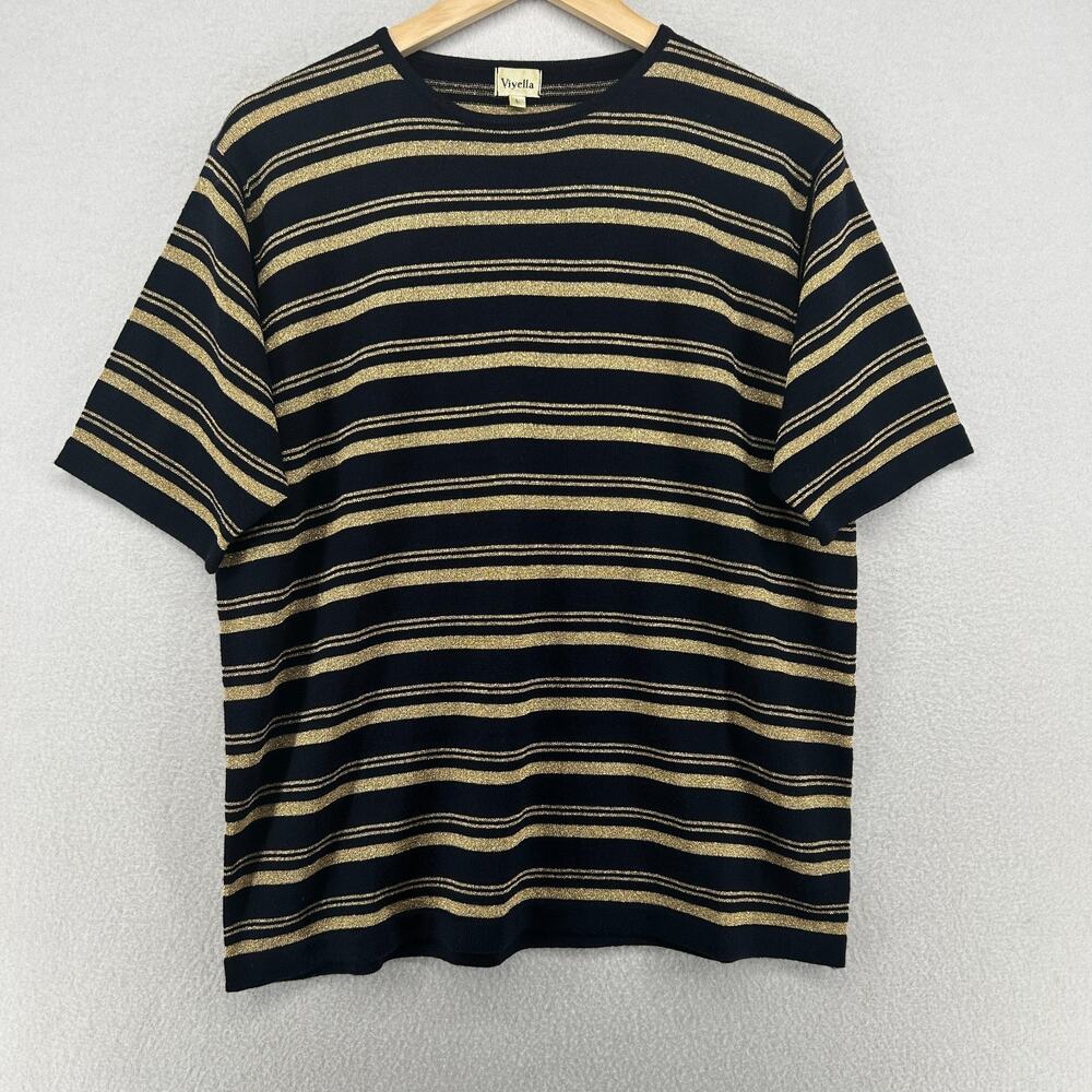 VIYELLA Sweater Womens L Wool Blend Metallic Striped Short Sleeve Black Gold